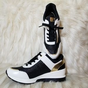 Michael Kors White/Black/Gold wedge sneakers